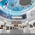 Spacious Exhibition Hall Featuring Dome Ceiling Blue Sky Background Airplane Models Parachutes And Wall Displays