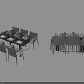 Modern Dining Table Set With Black White Tabletops Light Colored Chairs Tableware And Green Plants 3d model