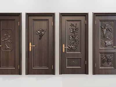 Dark Wooden Hinged Doors With Carved Floral Patterns Grape Motifs And Golden Handles 3d model