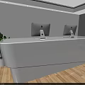 Modern Reception Area With White Desk Two Computers Spotlights And Green Plants 3d model