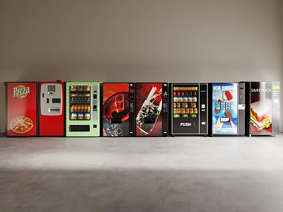 Various Colored Vending Machines Arranged With Drinks And Food In Empty Indoor Area 3d model