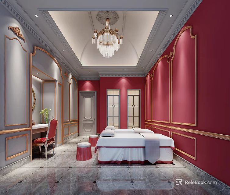 Luxurious SPA Sauna Room With Red Walls Gold Accents And Massage Bed 3d model 
