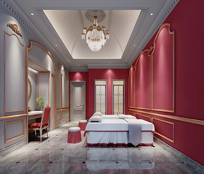 Luxurious SPA Sauna Room With Red Walls Gold Accents And Massage Bed 3d model