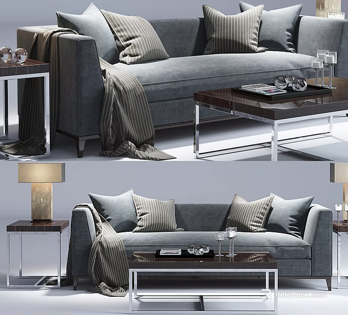 Elegant Modern Gray Two-Seater Sofa Design With Throw Pillows Throw Blanket And Coffee Table 3d model