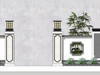 Traditional Garden Wall With Columns Lanterns Circular Window Bamboo And Green Plants 3d model