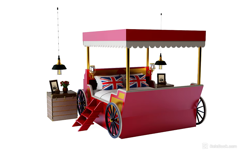 Carriage shaped Kids Bed with Red Canopy Wheels Steps and Union Jack Pillows 3d model 