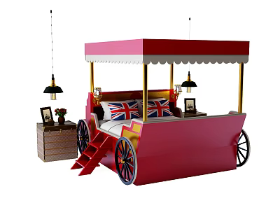 Carriage shaped Kids Bed with Red Canopy Wheels Steps and Union Jack Pillows 3d model