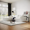 White L Shaped Sofa And Round Coffee Table Set On Black White Checkered Rug With Large Windows 3d model