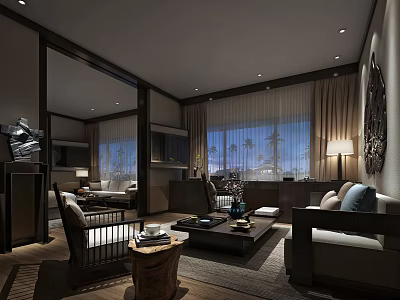 Modern Living Room Interior Design With Dark Furniture And Floor to Ceiling Windows 3d model