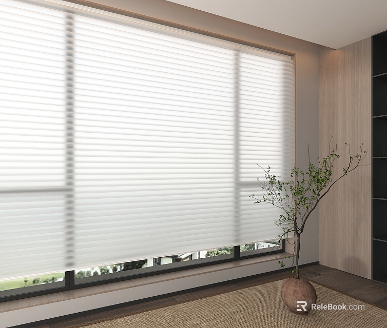 White Venetian Blinds Covering Window In Modern Interior With Potted Plant And Wooden Wall 3d model 