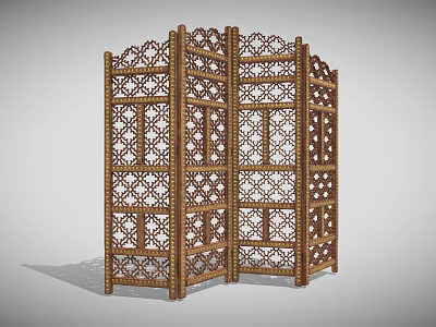 Classic Wooden Folding Screen With Intricate Carved Patterns And Decorative Panels 3d model