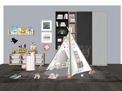 Kids Teepee Tent In Children's Room With Toys Bookshelf And Decorative Rugs 3d model