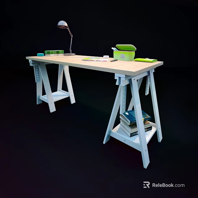 Light Wooden Desk with White Frame Table Lamp Green Storage Containers and Stack of Books 3d model 
