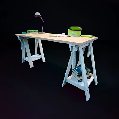 Light Wooden Desk with White Frame Table Lamp Green Storage Containers and Stack of Books 3d model