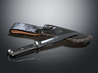 Tactical Metal Blade Knife With Black Stitched Leather Sheath And Textured Handle On Dark Surface 3d model