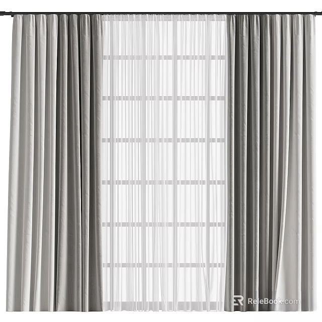 Elegant Gray Layered Curtains with Sheer Panels for Grid Window Indoor Decoration 3d model 