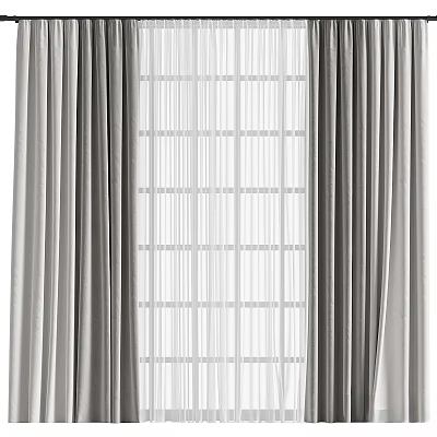 Elegant Gray Layered Curtains with Sheer Panels for Grid Window Indoor Decoration 3d model