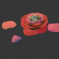 Beautiful Red Rose Bloom With Scattered Petals On Black Reflective Surface
