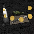 Fresh Whole and Halved Lemons on Wooden Cutting Board with Knife Ice Cubes and Rosemary
