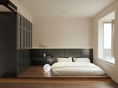 Modern Bedroom Interior With Black Wardrobe White Bed Wooden Floor And Bedhead Light Strip 3d model