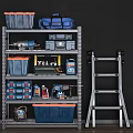 Metal Storage Shelf with Blue Toolboxes Drill and Ladder for Garage Organization