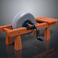 Hand Operated Grinding Wheel Tool with Wooden Workbench and Crank Handle