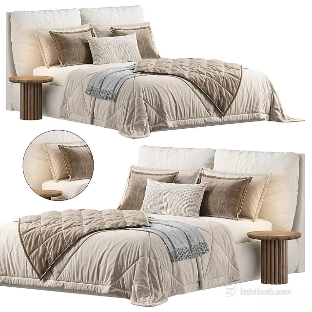 Modern Double Bed Interior With Multiple Pillows Soft Quilt Textured Blanket And Wooden Bedside Table 3d model 