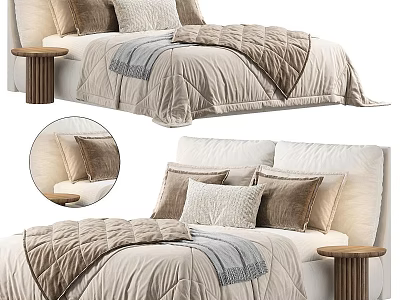 Modern Double Bed Interior With Multiple Pillows Soft Quilt Textured Blanket And Wooden Bedside Table 3d model