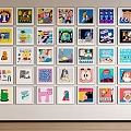 Colorful Framed Cartoon Artworks Arranged On White Wall