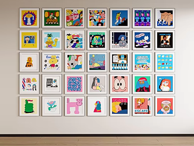 Colorful Framed Cartoon Artworks Arranged On White Wall 3d model