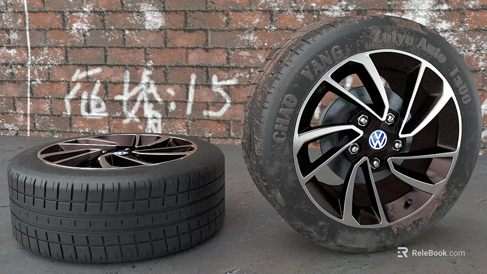 Stacked Car Tires And Tire With Volkswagen Wheel Rim On Brick Wall Background 3d model 
