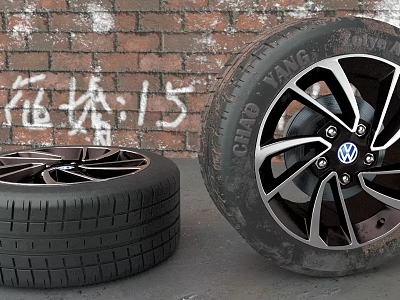 Stacked Car Tires And Tire With Volkswagen Wheel Rim On Brick Wall Background 3d model