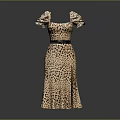 Stylish Leopard Print Dress With Puffed Sleeves Fitted Waist Belt And Side Slit Hem