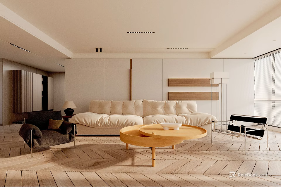 Modern Living Room Interior With Beige Sofa Wooden Coffee Table And Herringbone Floor 3d model 