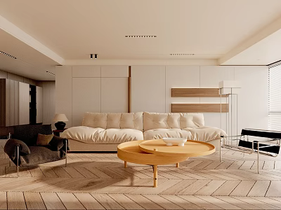 Modern Living Room Interior With Beige Sofa Wooden Coffee Table And Herringbone Floor 3d model