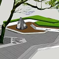 Modern Outdoor Landscape Seats With Large Tree Green Lawn And Paved Ground