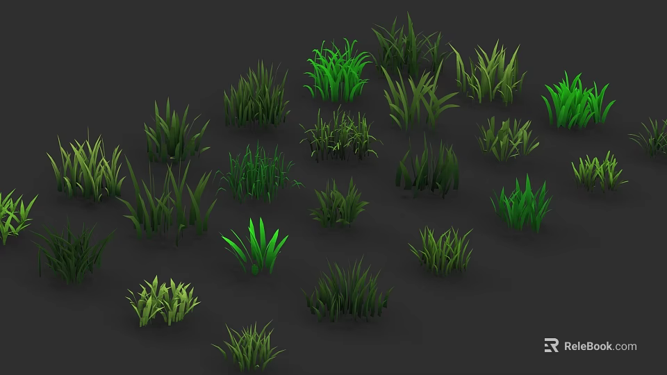 Green Grass Collection With Various Heights And Different Shapes On Dark Background 3d model 