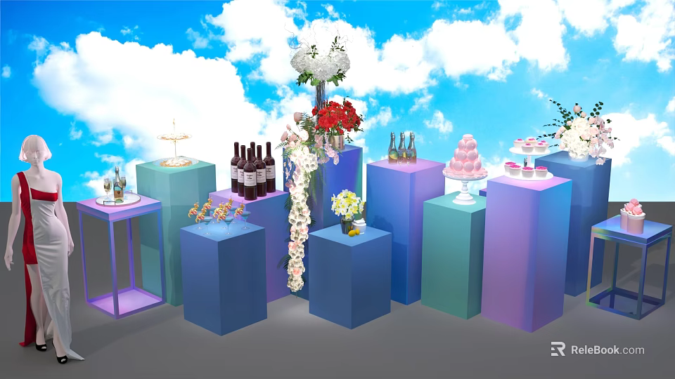 Colorful Cube Platforms Display Food Drinks Cakes Wine With Flower Decorations Against Blue Sky Clouds 3d model 