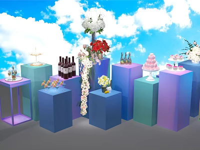 Colorful Cube Platforms Display Food Drinks Cakes Wine With Flower Decorations Against Blue Sky Clouds 3d model