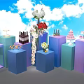Colorful Cube Platforms Display Food Drinks Cakes Wine With Flower Decorations Against Blue Sky Clouds