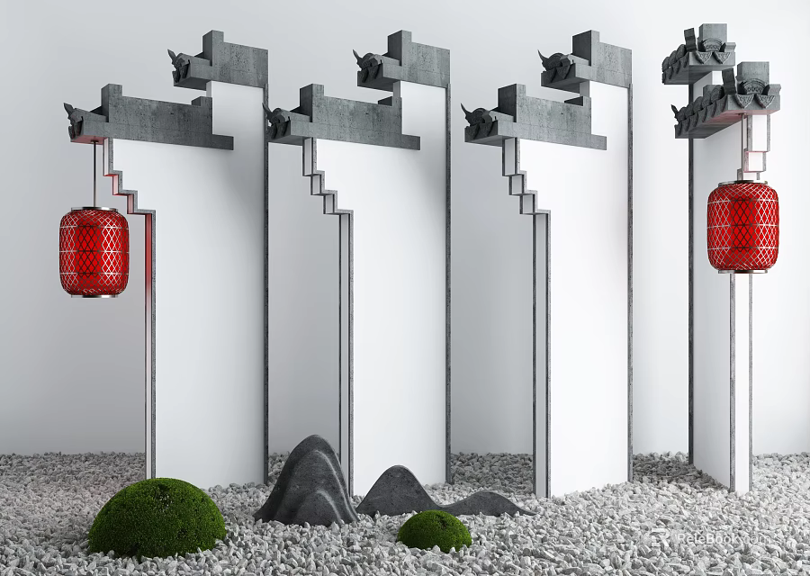 Traditional Chinese Scenic Wall with Gray Eaves Red Lanterns Moss Balls Rock Formations and Pebbles 3d model 