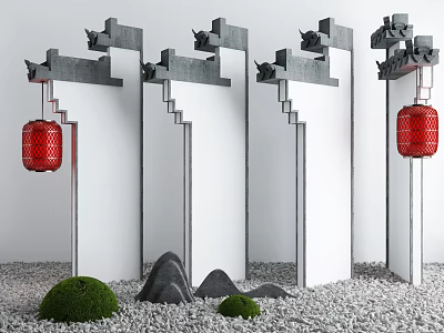 Traditional Chinese Scenic Wall with Gray Eaves Red Lanterns Moss Balls Rock Formations and Pebbles 3d model