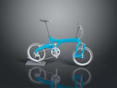 Blue Foldable Bicycle With Gray Seat White Rims And Display Stand 3d model