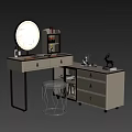 Modern Dressing Table Interior Design With Round Lighted Mirror Drawers Transparent Stool And Decorative Items 3d model