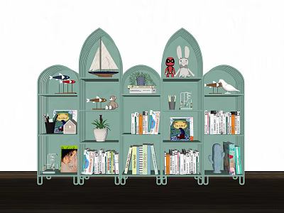 Stylish Green Arched Top Bookcase With Books Decorative Models Plants And Figurines 3d model