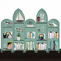 Stylish Green Arched Top Bookcase With Books Decorative Models Plants And Figurines