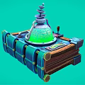 Fantasy Book With Green Glass Flask And Mechanical Parts On Teal Background