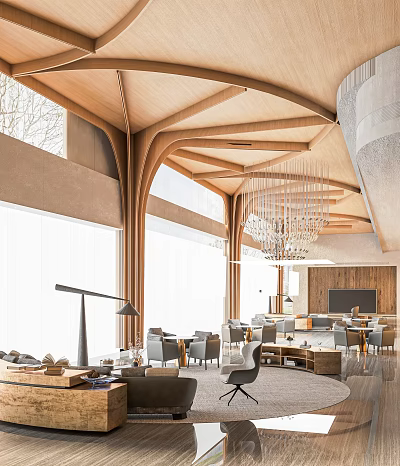 Modern Lounge Area With Wooden Beams Large Windows And Comfortable Sofa Seating 3d model