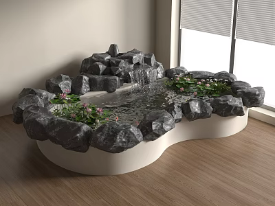 Rock Shaped Fish Tank with Waterfall and Lotus Plants in Bright Room with Wooden Floor 3d model