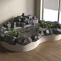 Rock Shaped Fish Tank with Waterfall and Lotus Plants in Bright Room with Wooden Floor